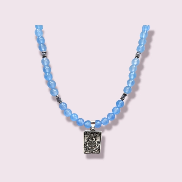 Aquamarine Quartz, Wheel of Fortune taro card Amulet necklace - Picture 5 of 6